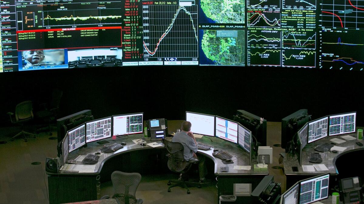 Electrical power flow and conditions are monitored at the California Independent System Operator in Folsom.