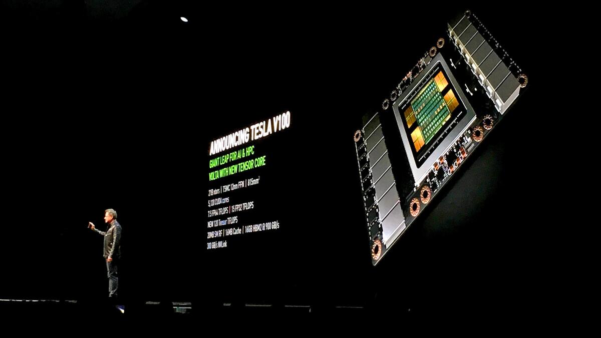 Nvidia Chief Executive Jensen Huang on stage at the GPU Technology Conference in San Jose on Wednesday.