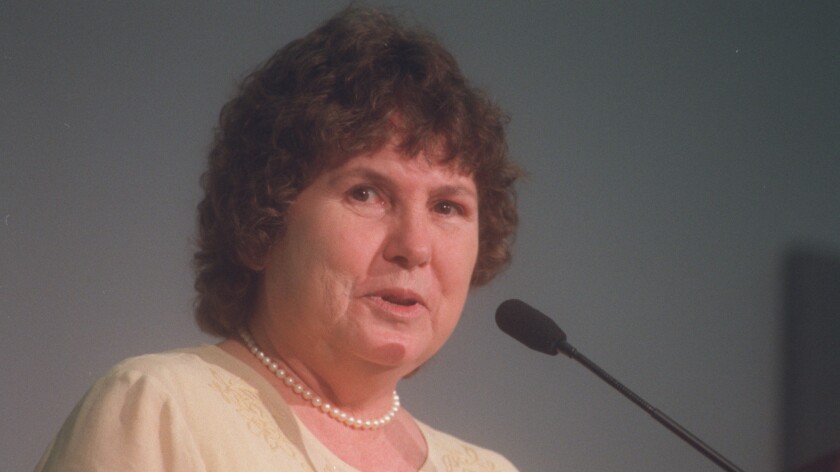 Author Carolyn See speaks at American Book Association convention in L.A. in 1995.