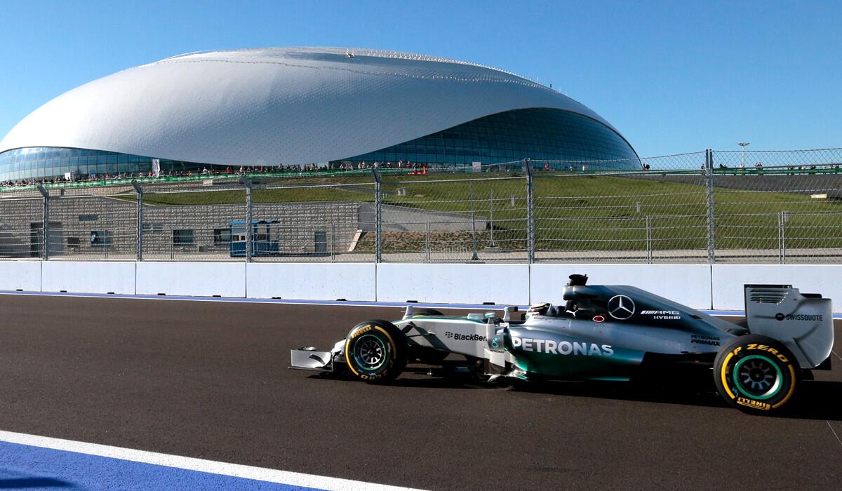 Formula One driver Lewis Hamilton makes the top qualifying run at the Sochi Autodrom circuit on Saturday in Russia.