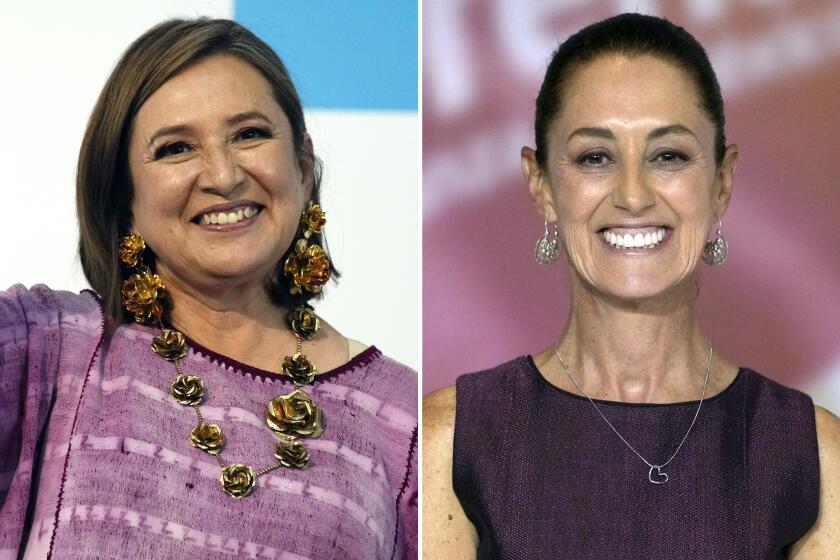 FILE - This combination of two file photos shows Xochitl Galvez, left, arriving to register her name as a presidential candidate on July 4, 2023, in Mexico City, and Claudia Sheinbaum, right, at an event that presented her as her party's presidential nominee on Sept. 6, 2023, in Mexico City. The two women, considered the frontrunners in Mexico's presidential election, discussed social spending and climate change in the race's second debate Sunday, April 28, 2024, which also included Jorge Álvarez Máynez. (AP Photo/Fernando Llano, File)