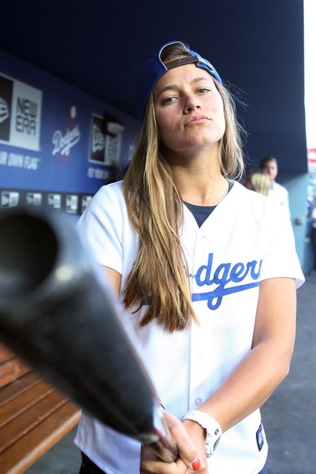 Photo Gallery: Olympian Kate Hansen throws out first pitch of Dodger game