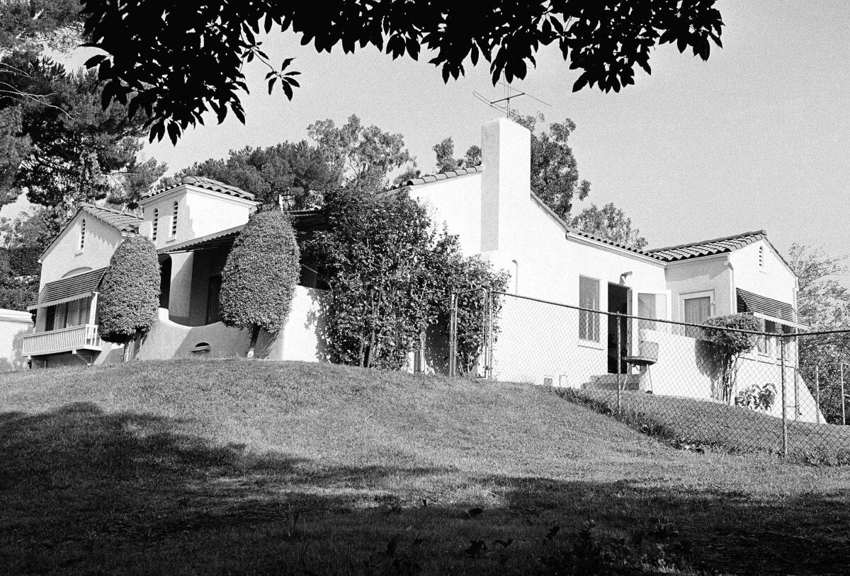 Black and white photo shows a Los Feliz home where a couple were killed by followers of Charles Manson