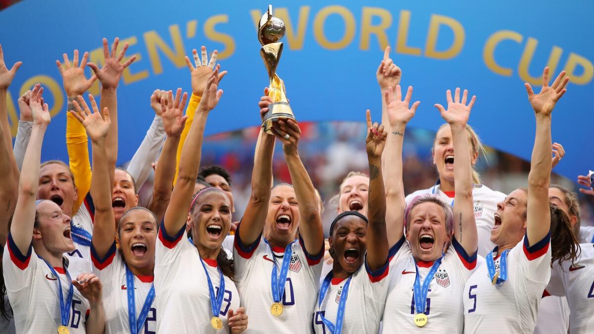 The U.S. celebrates its 2019 Women's World Cup win in France. The 2023 event will be staged by Australia and New Zealand.