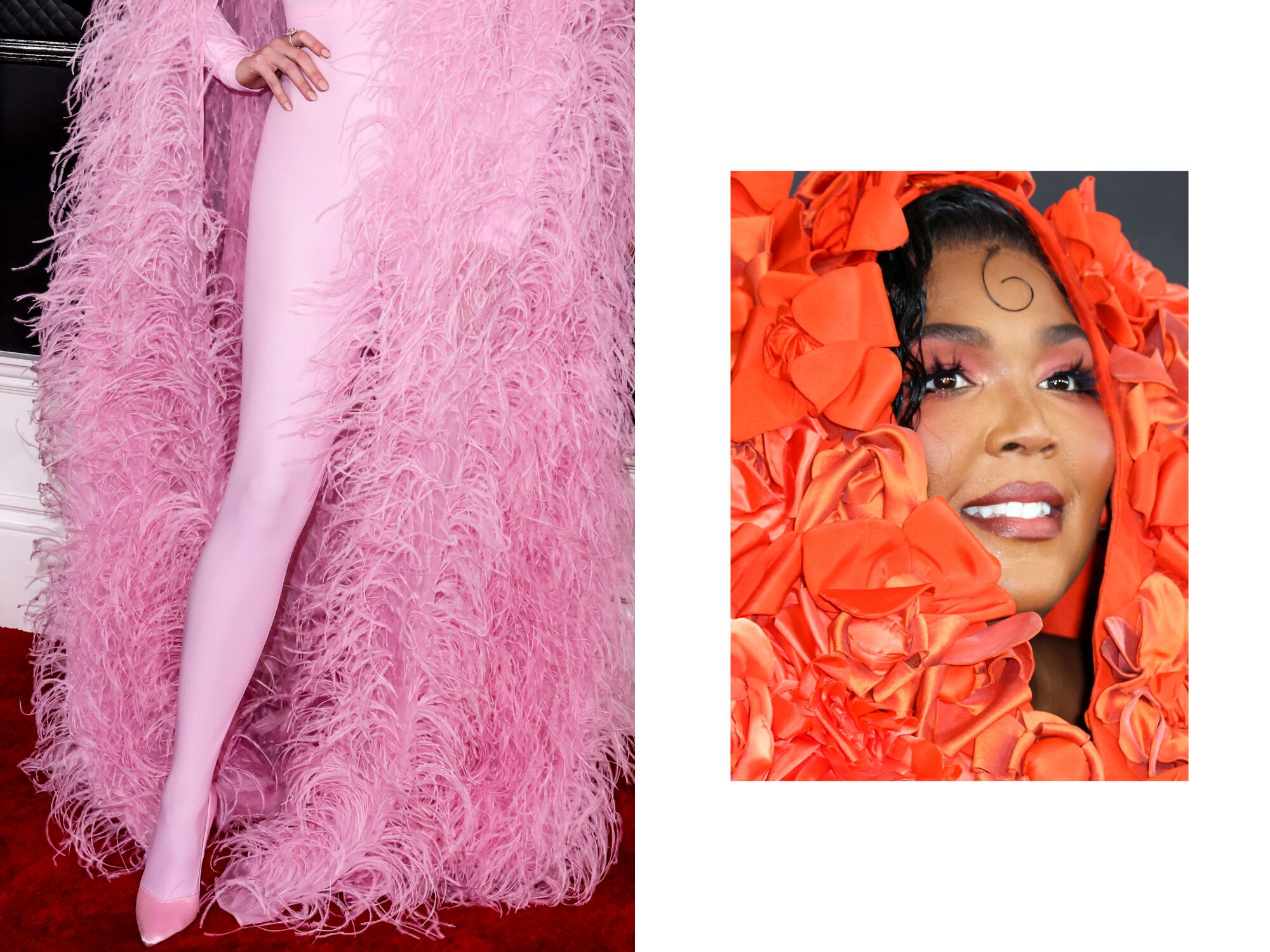 A pink leotard on a leg and a feathery outfit, and a woman's face surrounded by bright red folded fabric.