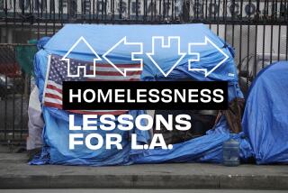 Photo of a tent on a sidewalk in downtown Los Angeles with logo: Homelessness Lessons for L.A.