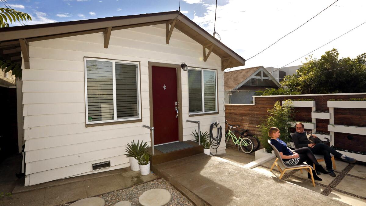 When the pair feel cramped in their 552-square-foot Echo Park home, they enjoy their patio.