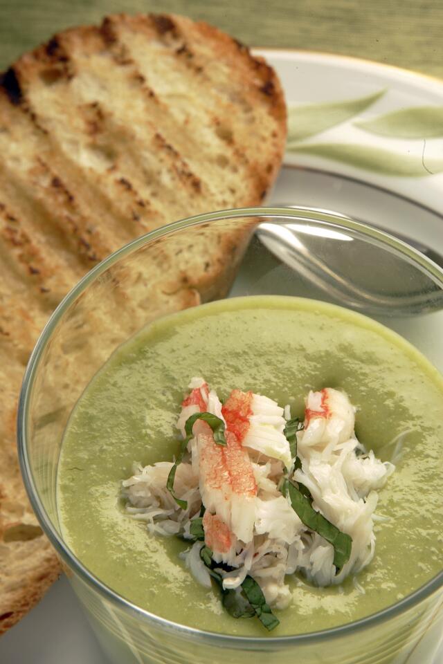 Dive on in to this chilled sweet pea bisque with Dungeness crab and mint.