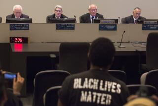 LOS ANGELES, CALIF. -- TUESDAY, FEBRUARY 2, 2016: The Los Angeles Police Commission, from left, Richard Tefank, Robert Saltzman, Steve Soboroff and Matthew Johnson found that officers did not violate deadly force policies when they fatally shot a homeless man on skid row last year during meeting at LAPD Headquarters in Los Angeles, Calif., on Feb. 2, 2016. (Brian van der Brug / Los Angeles Times)