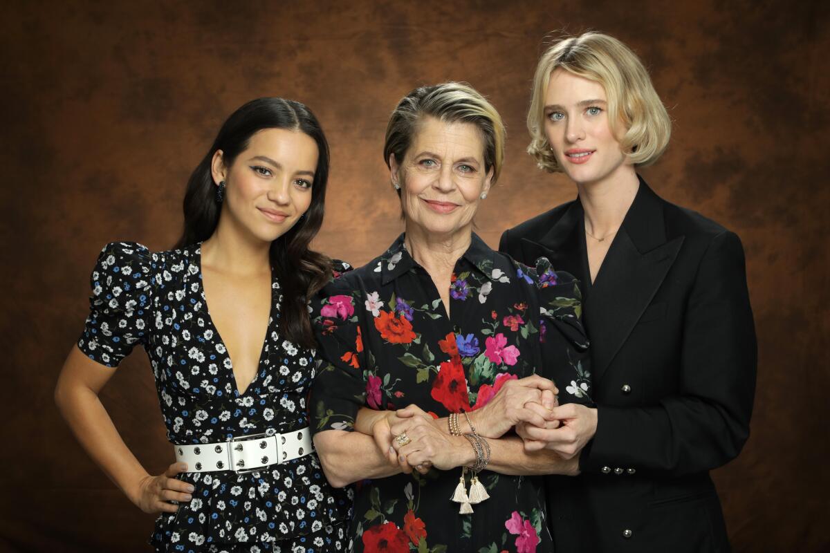 Natalia Reyes, left, Linda Hamilton and Mackenzie Davis star in “Terminator: Dark Fate.”