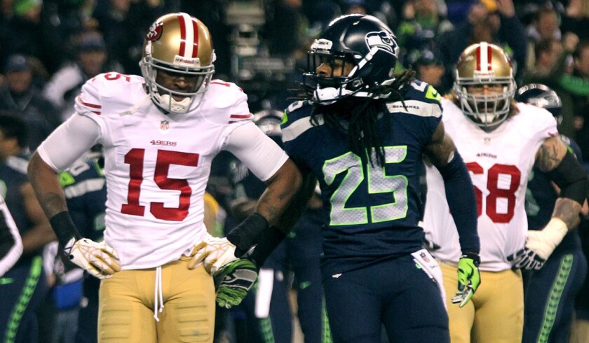 When last we saw the 49ers and Seahawks play, Seattle cornerback Richard Sherman was reminding San Francisco receiver Michael Crabtree the pecking order of players in the NFL. Thursday they meet in an NFC championship game rematch.