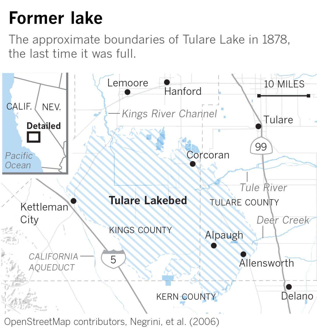 A map shows the rough boundaries of Tulare Lake, between Interstate 5 and Highway 99 in the southern San Joaquin Valley