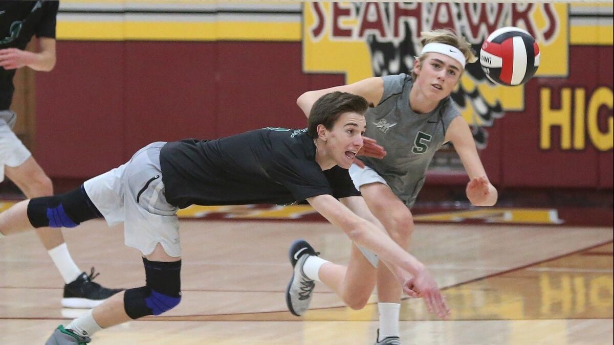 Sage Hill School's Jackson Bryant, in black, and Crash Collier, from left, try to get to a short shot during a nonleague match at Ocean View on Thursday.