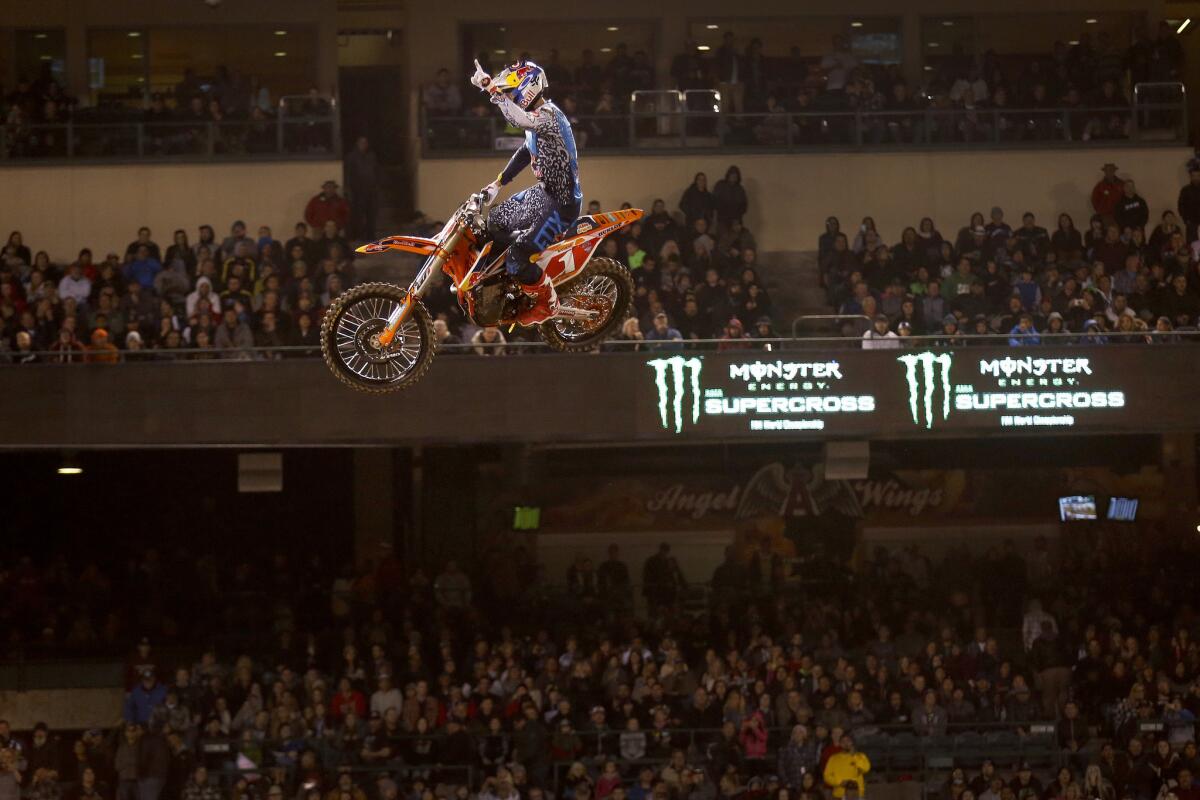 Ryan Dungey reacts after winning the 450SX main event at the Monster Energy AMA Supercross at Angel Stadium on Jan. 23.