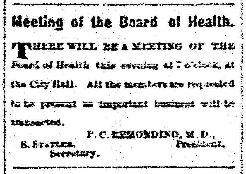 Notice of a meeting of the Board of Heath was published in The San Diego Union, Jan. 30, 1877.