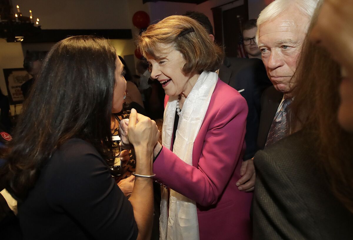 Dianne Feinstein greets supporters after speaking at an election night event in San Francisco.