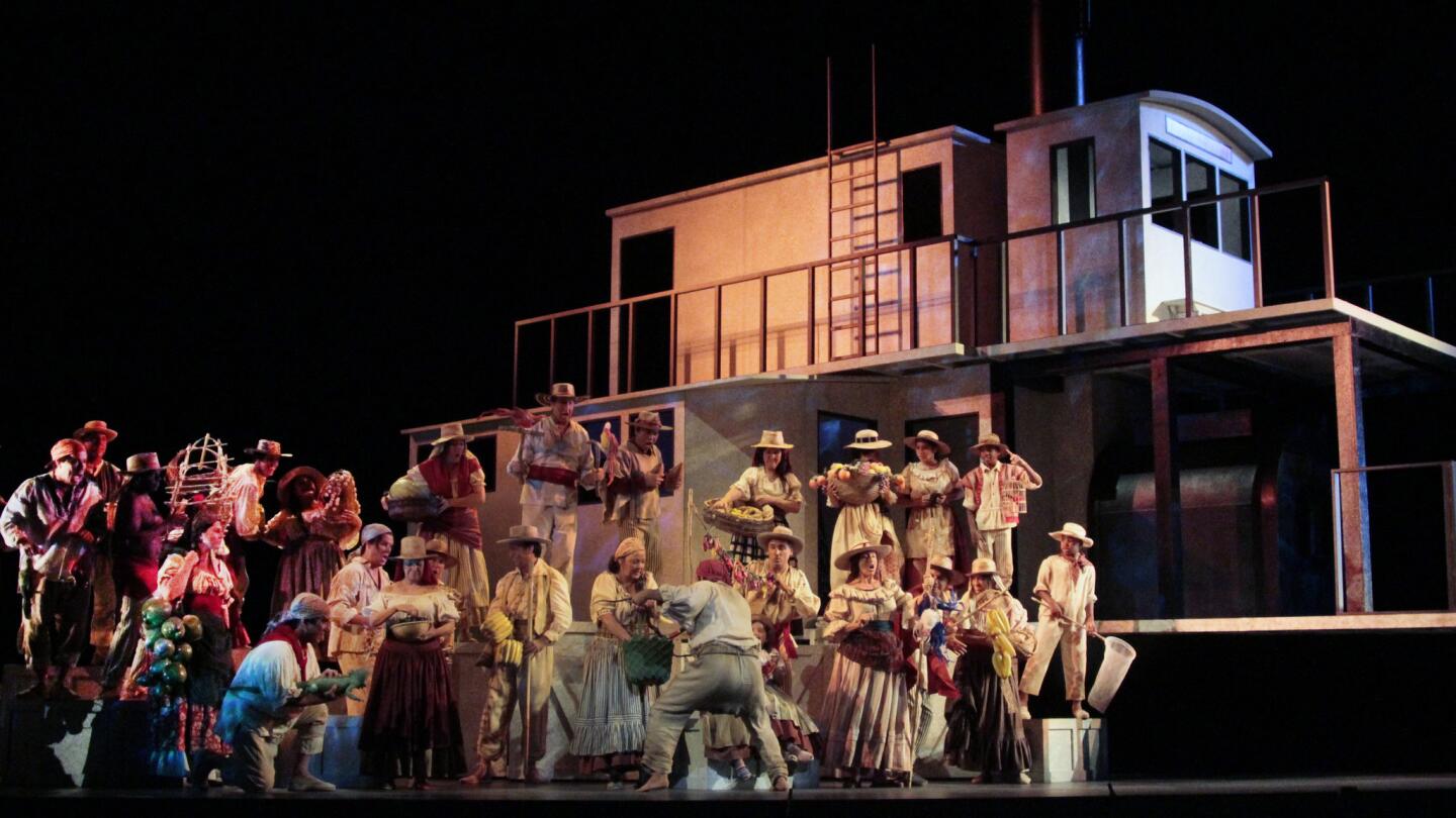 The cast in L.A. Opera's production of Daniel Catan's "Florencia en el Amazonas" at the Dorothy Chandler Pavilion.