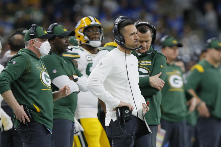 Green Bay Packers head coach Matt LaFleur watches from the sideline during the second half of an NFL football game against the Detroit Lions, Sunday, Jan. 9, 2022, in Detroit. (AP Photo/Duane Burleson)