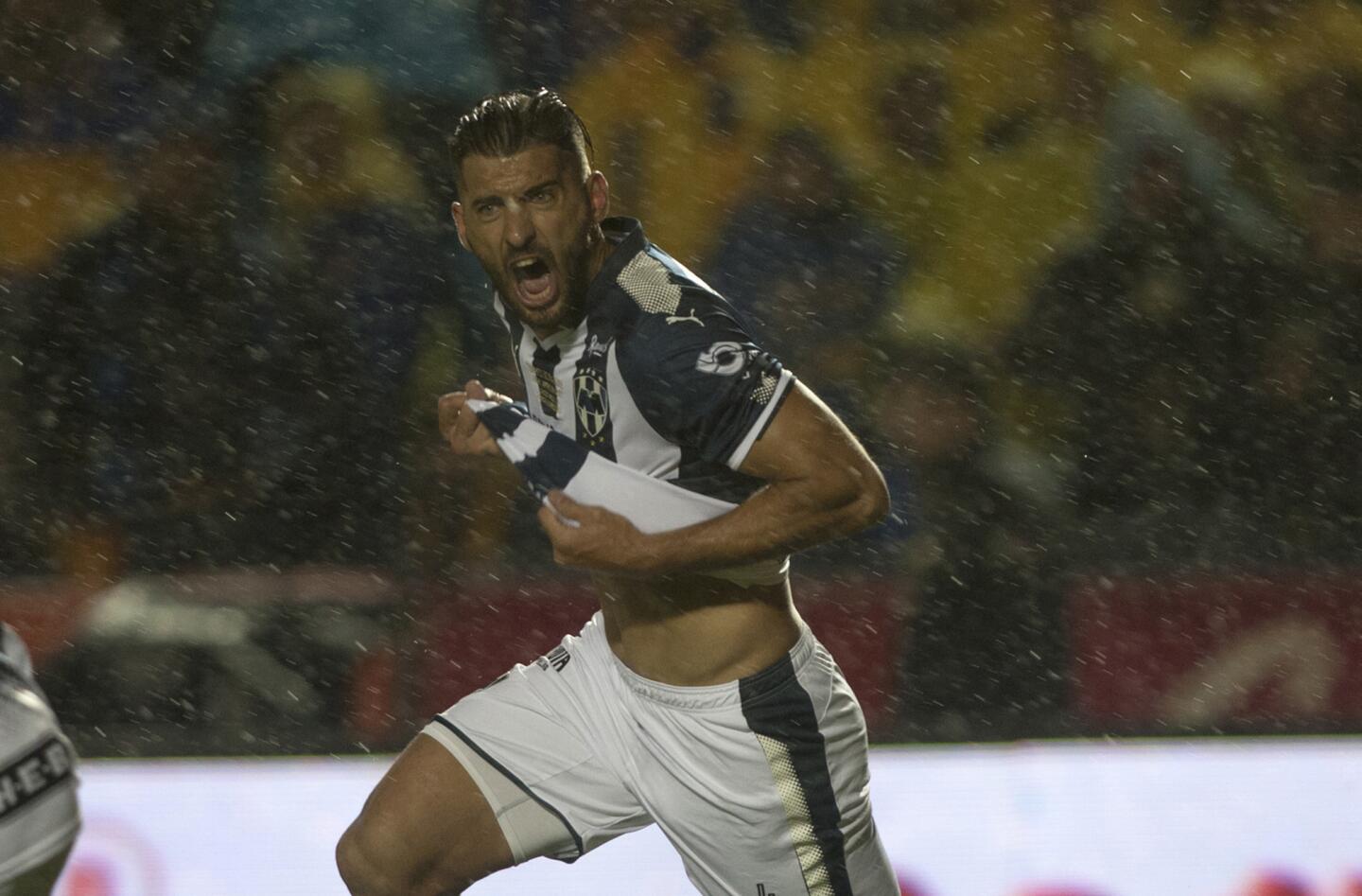 Monterrey' Nicolas Sanchez celebrates after scoring against Tigres during the first leg of the final of Mexican Apertura 2017 tournament football match at the Universitario stadium in Monterrey, Mexico on December 7, 2017. / AFP PHOTO / Julio Cesar AGUILARJULIO CESAR AGUILAR/AFP/Getty Images ** OUTS - ELSENT, FPG, CM - OUTS * NM, PH, VA if sourced by CT, LA or MoD **