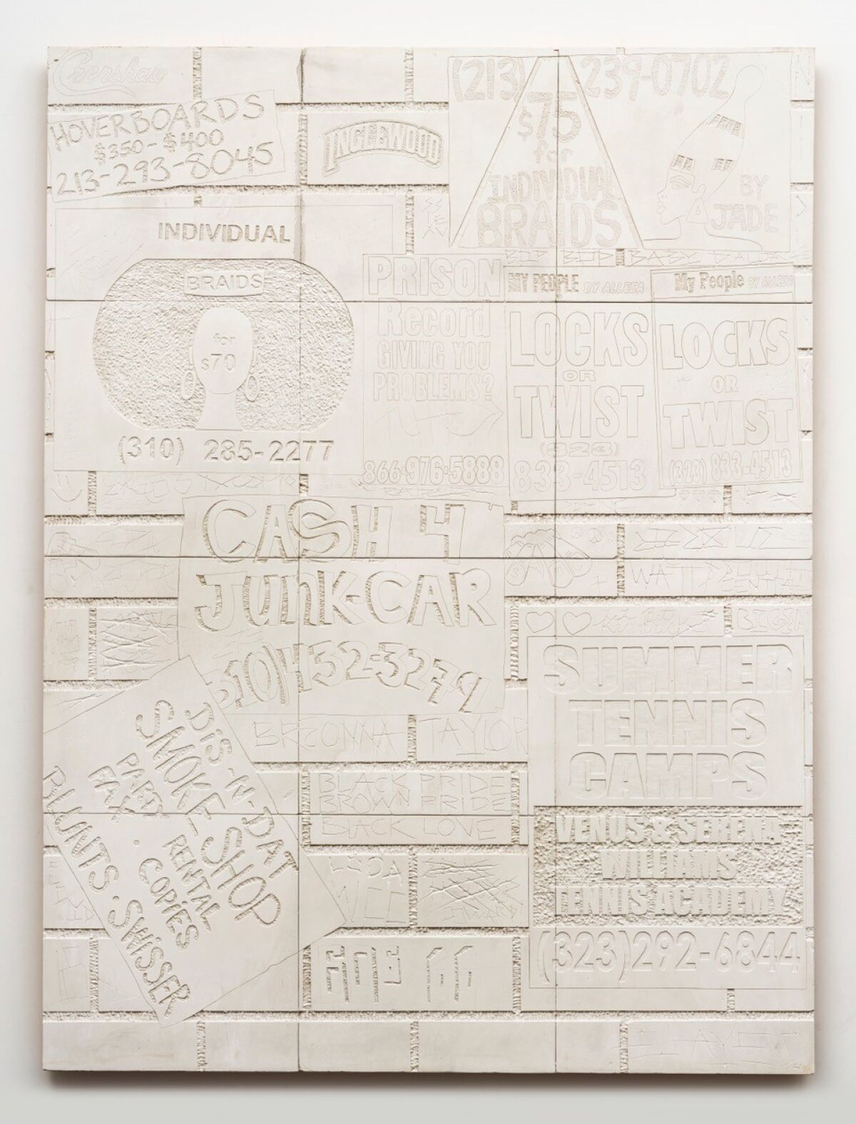 A monotone piece of work that resembles a wall covered in advertisements.