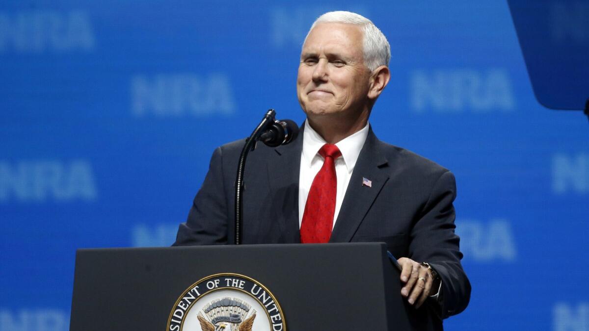 Vice President Mike Pence smiles as he speaks at the National Rifle Association Leadership Forum in Dallas, Tx. on May 4.