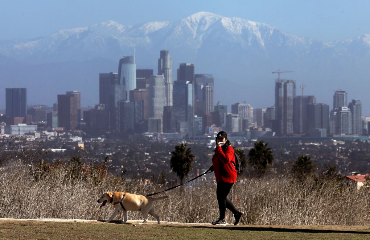A bundled Louise Takahashi walks with her dog Abby as the snow capped mountains frame the downtown Los Angeles skyline 