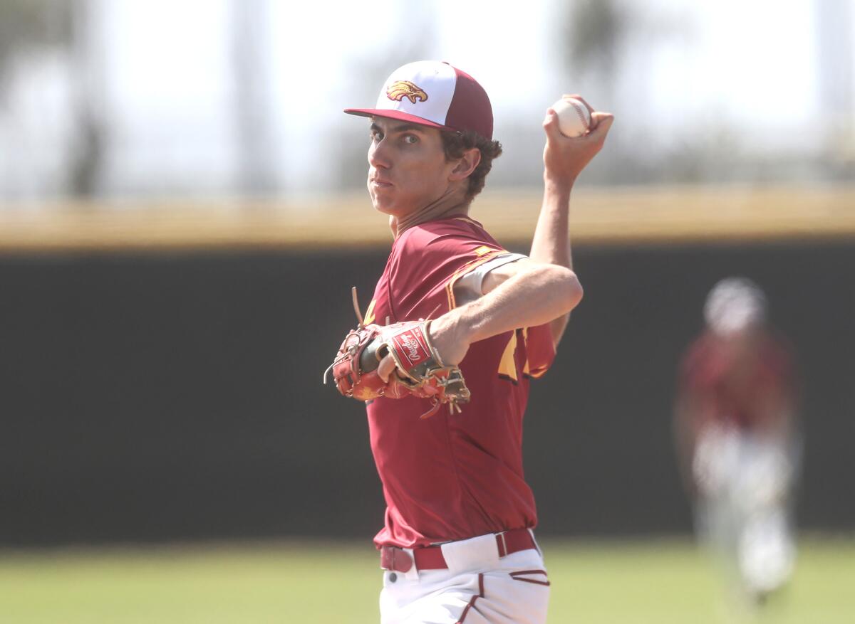 Estancia starting pitcher Vaughn McCrea (24) throws against Pacifica Christian on Friday.