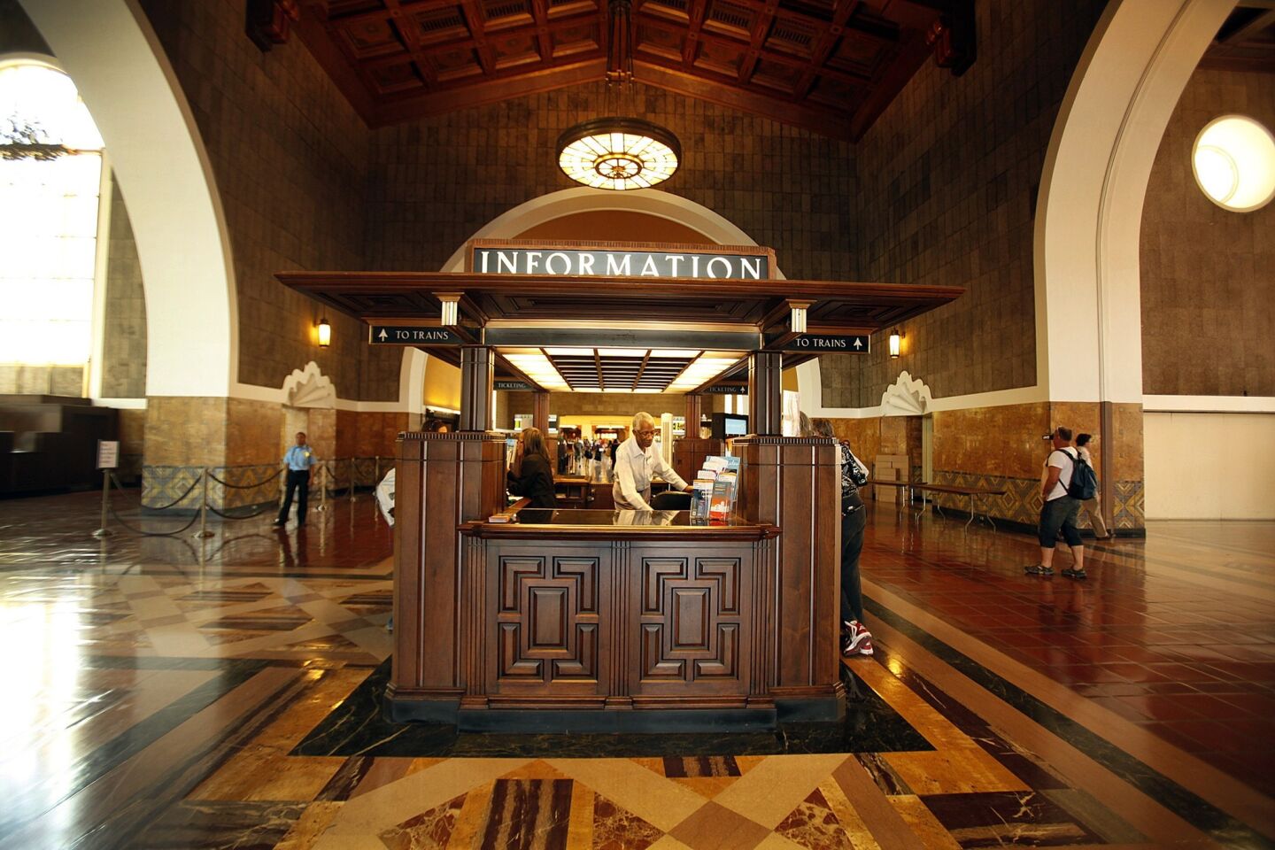 An interior view of the historic information desk at the Los Angeles Union Station.