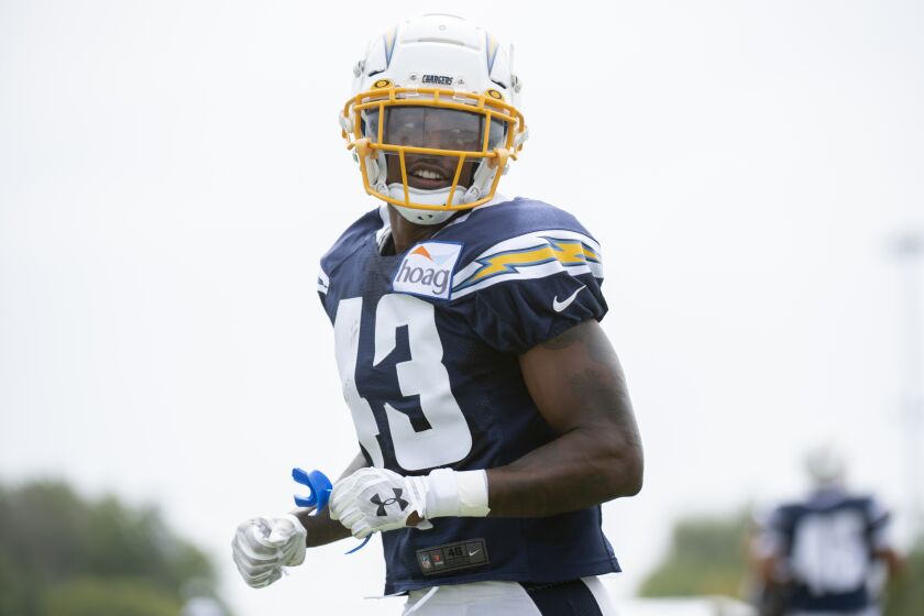 Los Angeles Chargers cornerback Michael Davis during an NFL football training camp in Costa Mesa, Calif., Monday, July 29, 2019. (AP Photo/Kyusung Gong)