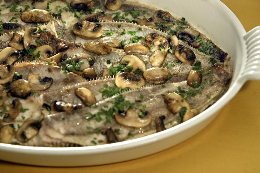 Rex sole baked with mushrooms and cream.