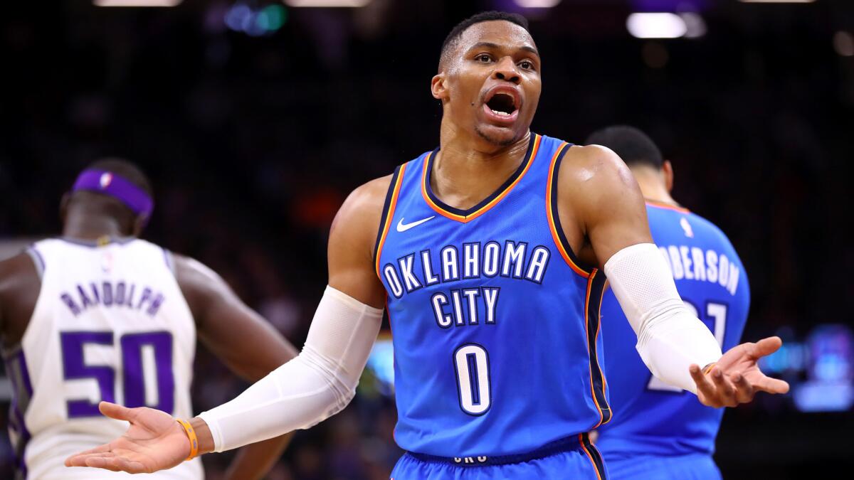 Thunder guard Russell Westbrook complains about a call during a game against the Sacramento Kings on Tuesday.