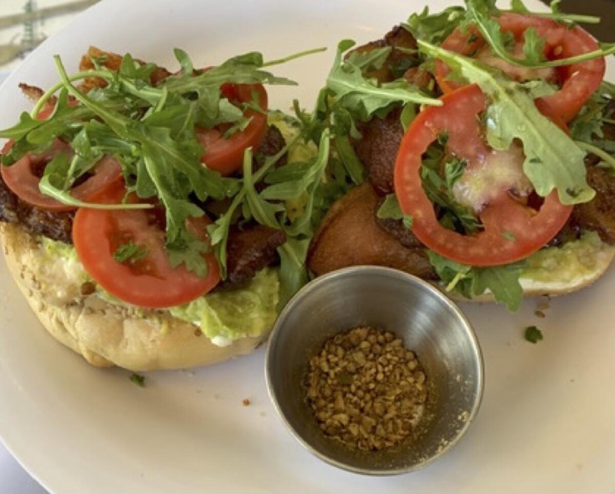 Milton's Ultimate Bagel-- Cream cheese, avocado, bacon, tomato and arugula