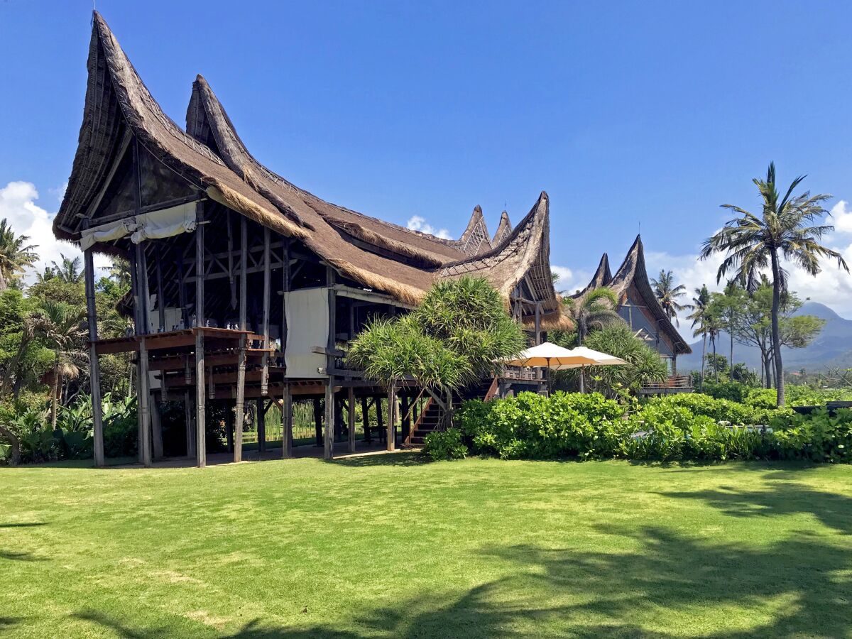The long house at Rob Cohen’s Villa Campuhan in Karangasem. The roofline evokes the horns of water buffalo, and is a feature of the traditional architecture of the Minangkaboa people of West Sumatra.