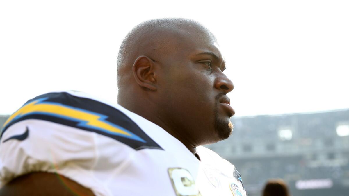 Brandon Mebane of the Chargers is seen during a game against the Oakland Raiders.