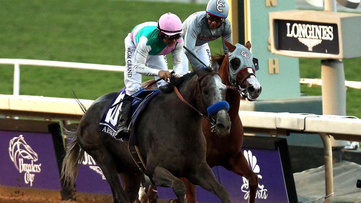 Arrogate, with jockey Mike Smith aboard, wins the Breeders' Cup Classic on Nov. 5 at Santa Anita Park.