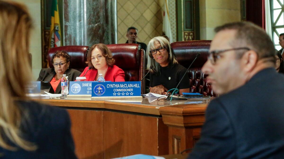 Police commissioners Sandra Figueroa-Villa, left, Shane Murphy Goldsmith and Cynthia McClain-Hill at a 2016 meeting at City Hall.
