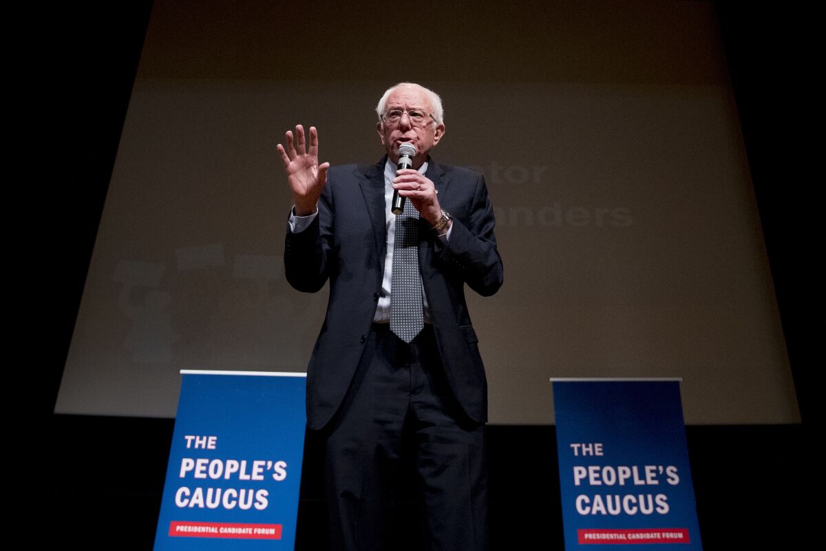 Democratic presidential candidate Sen. Bernie Sanders, I-Vt., speaks at "The People's Caucus: Vote Truth to Power" at the Holzworth Performing Arts Center at Davenport North High School, Sunday, Jan. 12, 2020, in Davenport, Iowa. (AP Photo/Andrew Harnik)