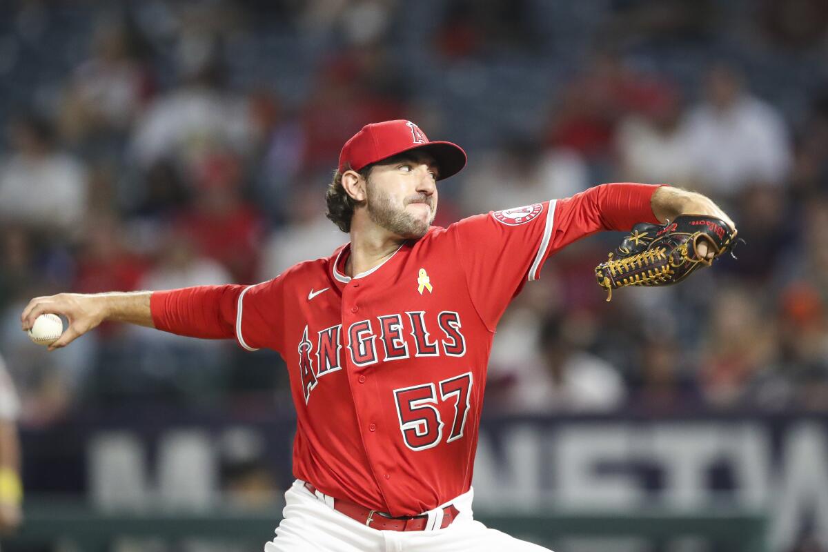Angels reliever Zack Weiss delivers a pitch in the sixth inning against the Astros on Friday night.