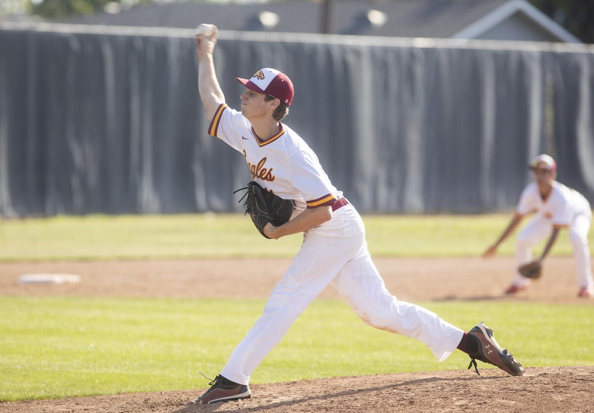 Estancia's Jake Covey pitches in the first round of the CIF Southern Section Division 5 playoffs against Savanna at home on May 2, 2019.