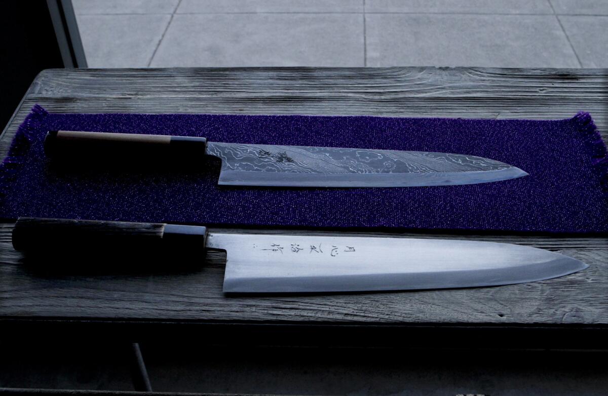 Tsukasa chef knife , top, and Gesshin Heiji chef knife are for sale at Japanese Knife Imports in Beverly Hills.