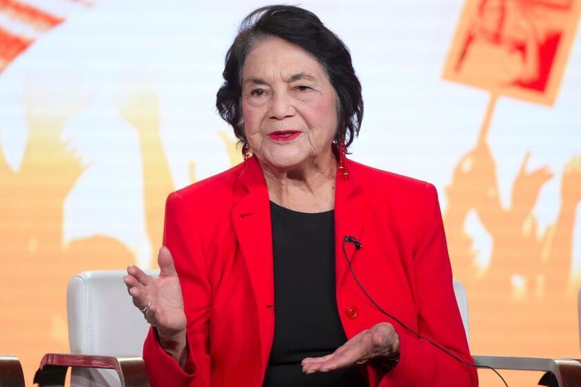 Dolores Huerta participates in the "Dolores" panel during the PBS Television Critics Association Winter Press Tour on Tuesday, Jan. 16, 2018, in Pasadena, Calif. (Photo by Richard Shotwell/Invision/AP)