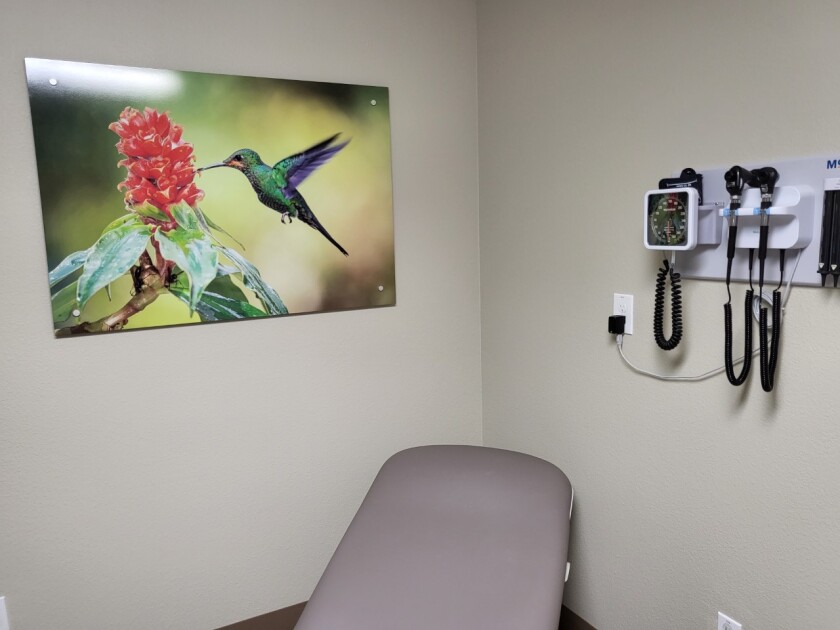 exam room with a gray table in the corner, hummingbird picture, blood pressure reader and other examining tools on the walls