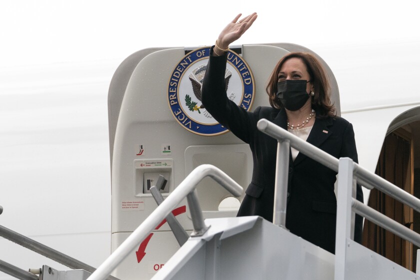 Vice President Kamala Harris boards Air Force Two, Tuesday, June 8, 2021, as she leaves Mexico City, on expected return to Washington after her first international trip as Vice President, with stops in Guatemala and Mexico City. (AP Photo/Jacquelyn Martin)
