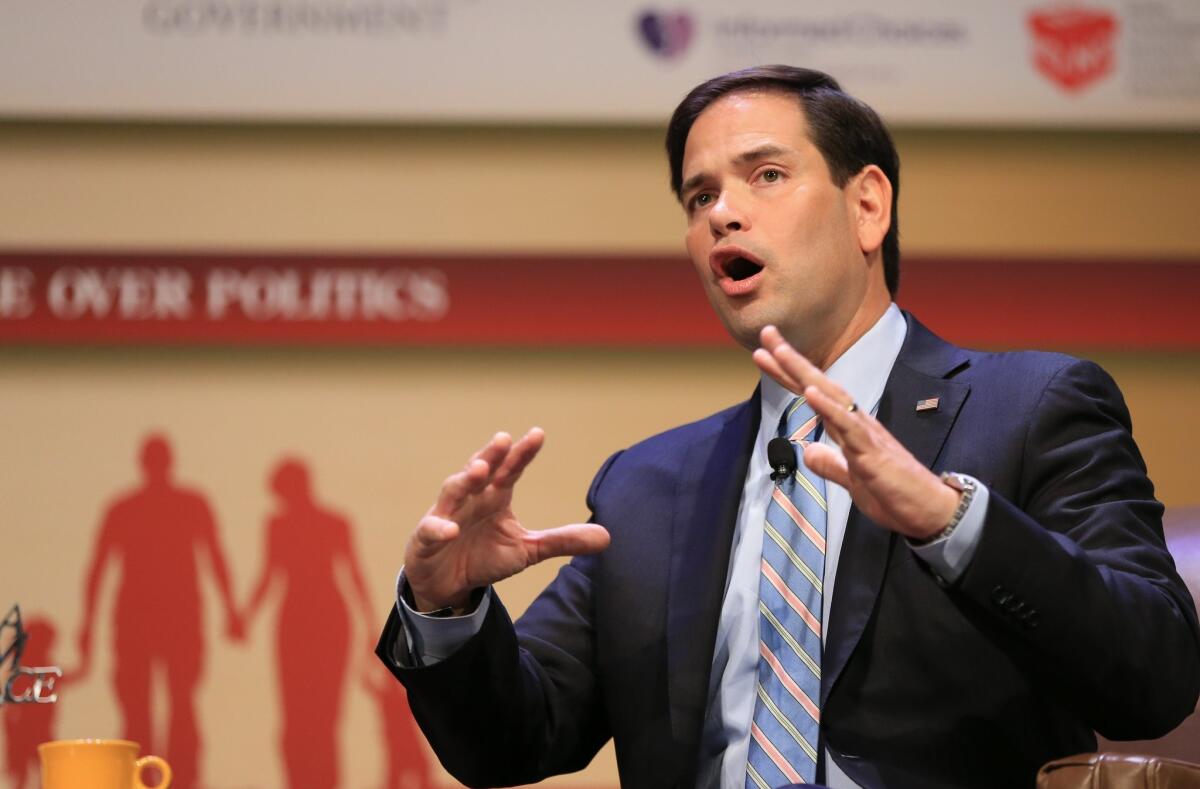 Republican presidential candidate, Sen. Marco Rubio, R-Fla., speaks at the Family Leadership Summit in Ames, Iowa, Saturday, July 18, 2015. (AP Photo/Nati Harnik)