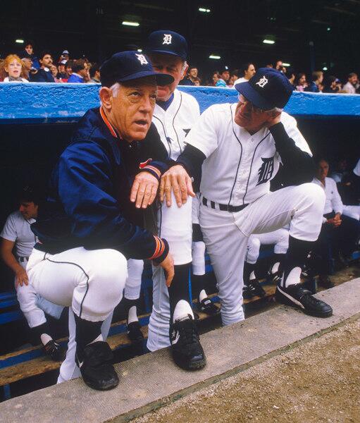 Detroit Tigers manager Sparky Anderson surveys the situation during the World Series against the San Diego Padres at Tiger Stadum in Detroit, Michigan in October of 1984.