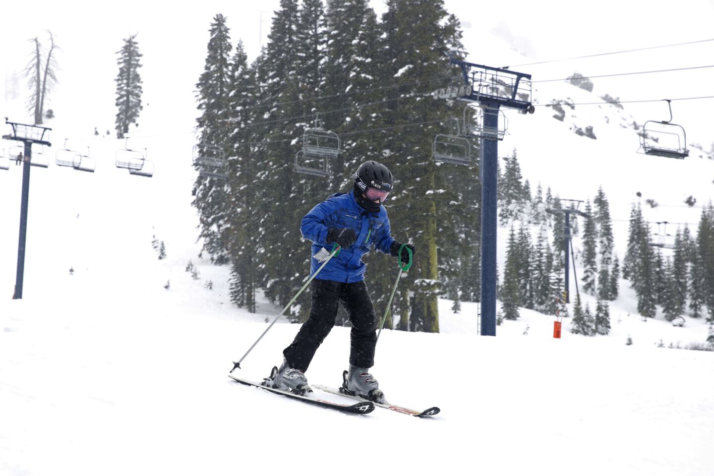 Skiers coming off the mountain endured rainy conditions all day at the Sugar Bowl Ski Resort, in Norden, Calif.
