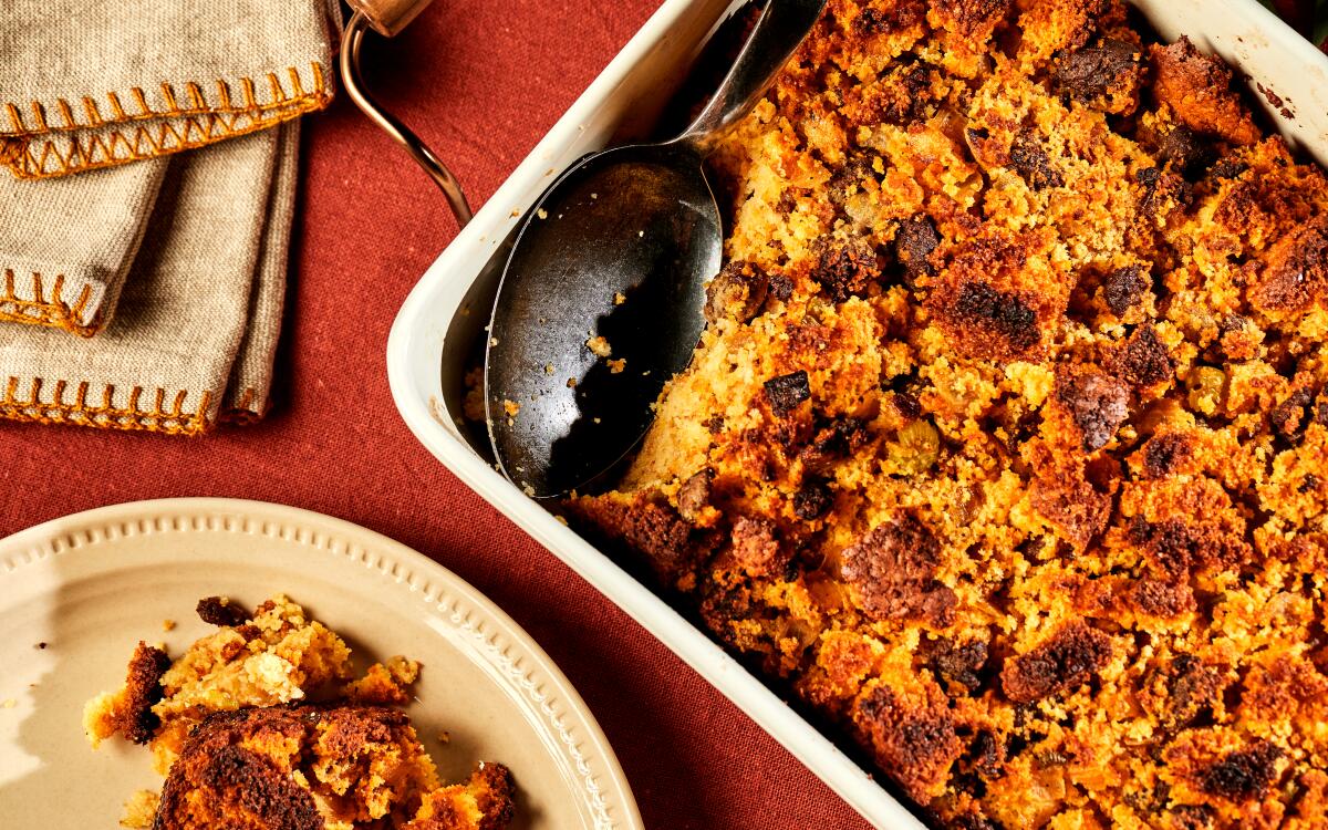 In this Southern spin on traditional Thanksgiving stuffing, cornbread meets breakfast sausage, chile flakes and aromatics.