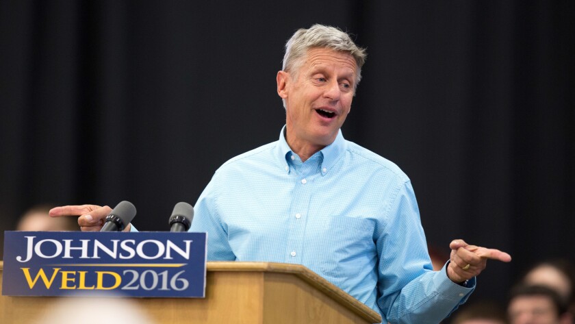 Libertarian presidential candidate Gary Johnson speaks during a campaign rally in Des Moines, Iowa, on Sept. 3.