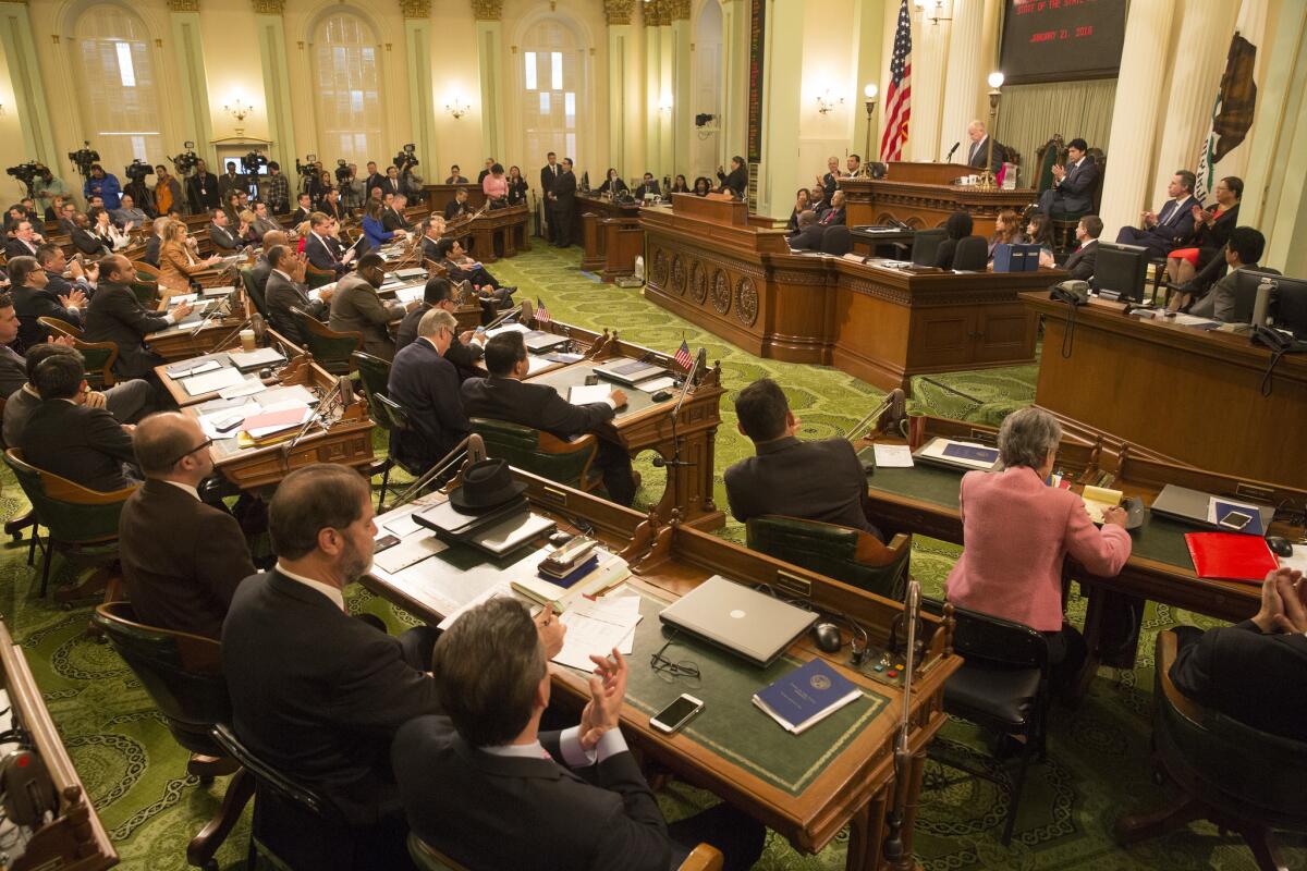 Legislators, gathered here for Gov. Jerry Brown's State of the State speech in January, are able to accept unlimited donations from their own political parties.