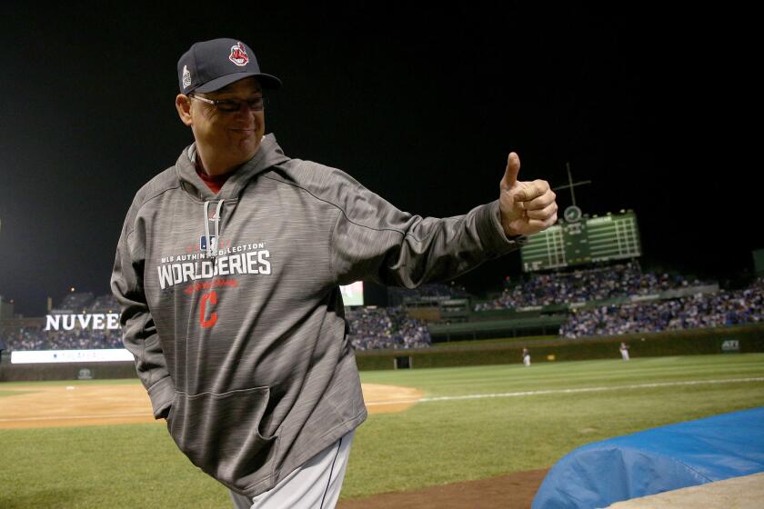 Cleveland Indians manager Terry Francona (17) gives a thumbs up Oct. 29, 2016, before Game 4 of the World Series at Wrigley Field in Chicago.
